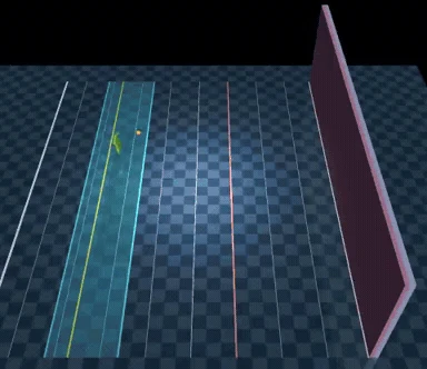 MuJoCo render of the wall-ball task: a checkered blue court with lane markings, a paddle striking a ball toward a red wall
